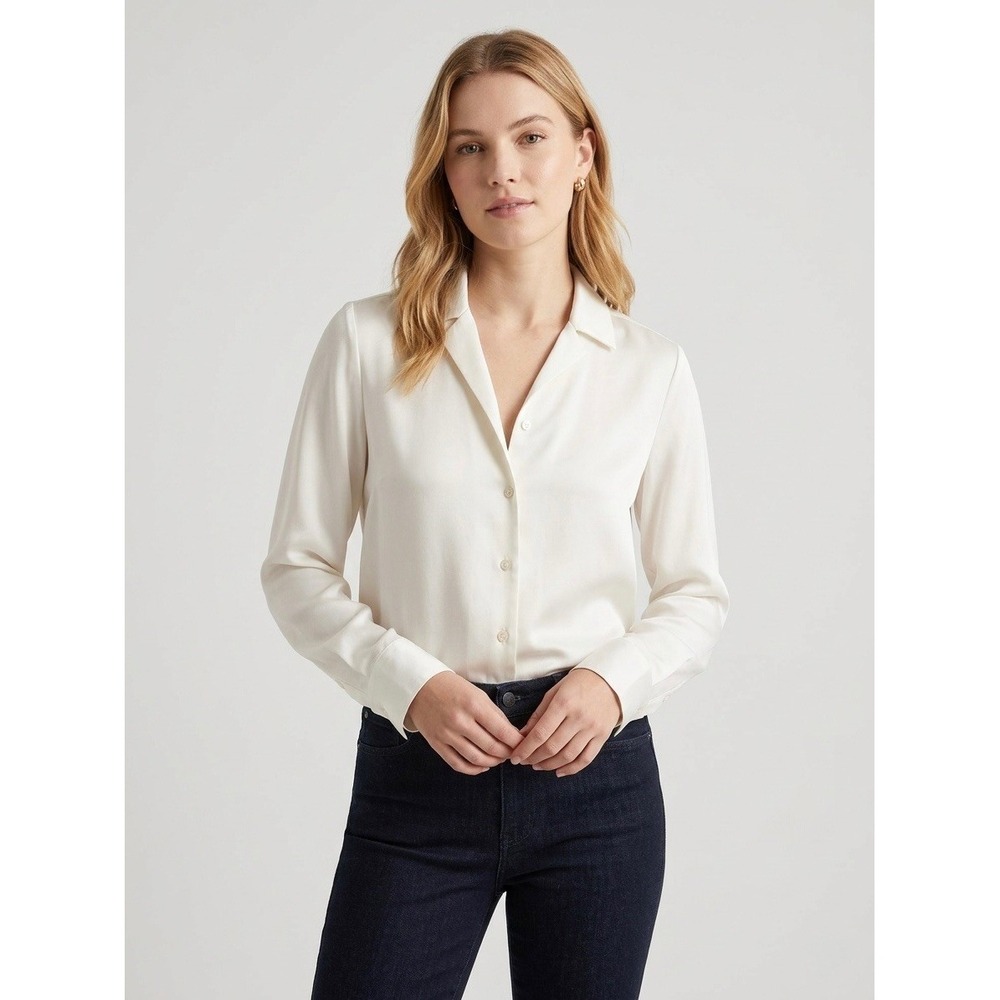 Quince Cream Silk Blend Button-Front Blouse, Small, GUC, Casual Chic - Picture 2 of 5